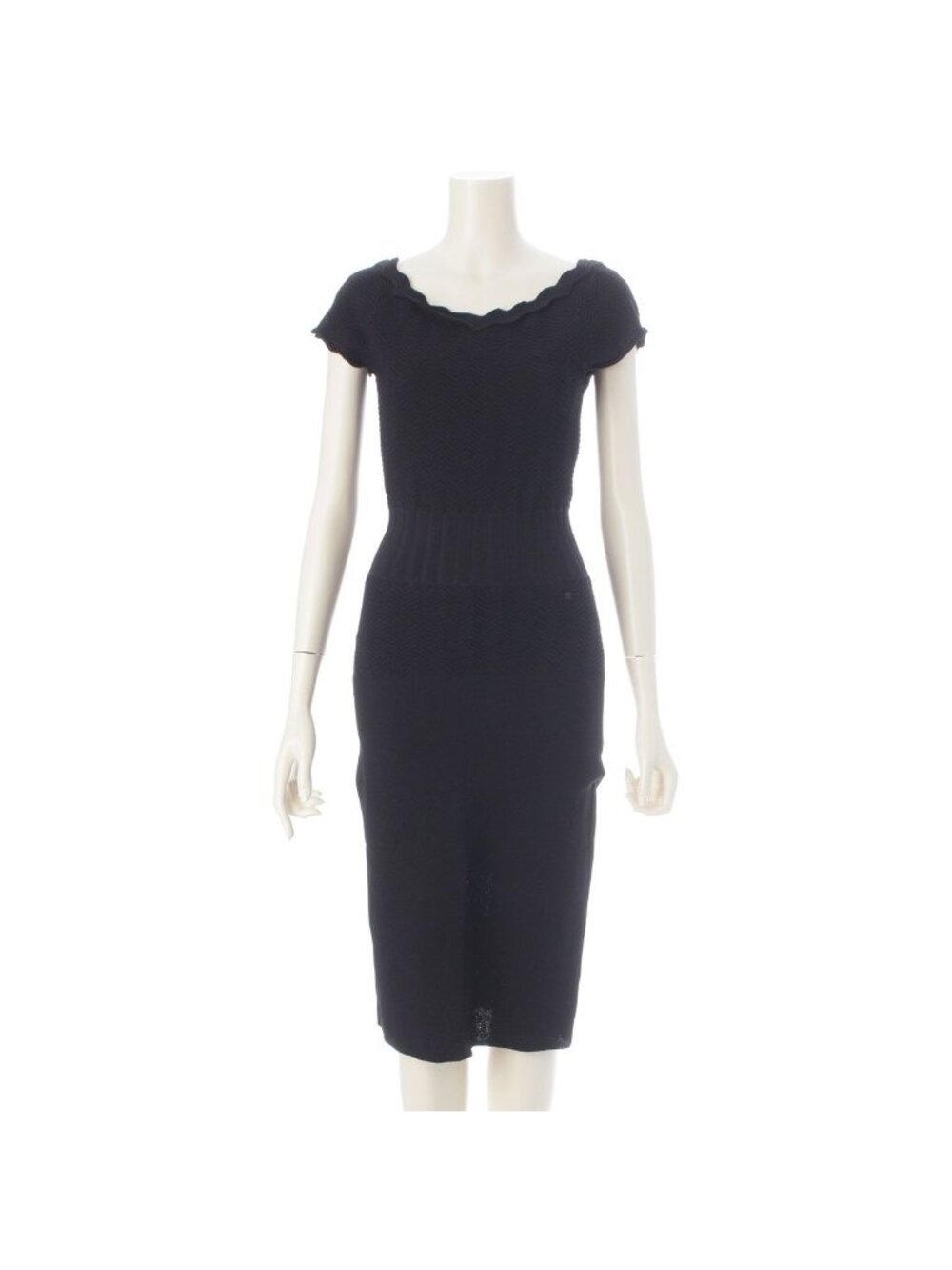 Chanel 08A Rayon Nylon CC Logo Wave Design Spandex Dress Black 34